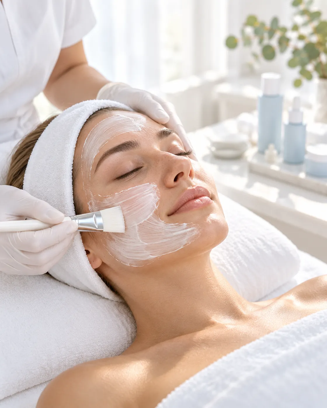 Therapist applying a facial mask with a brush during a facial in South Morang