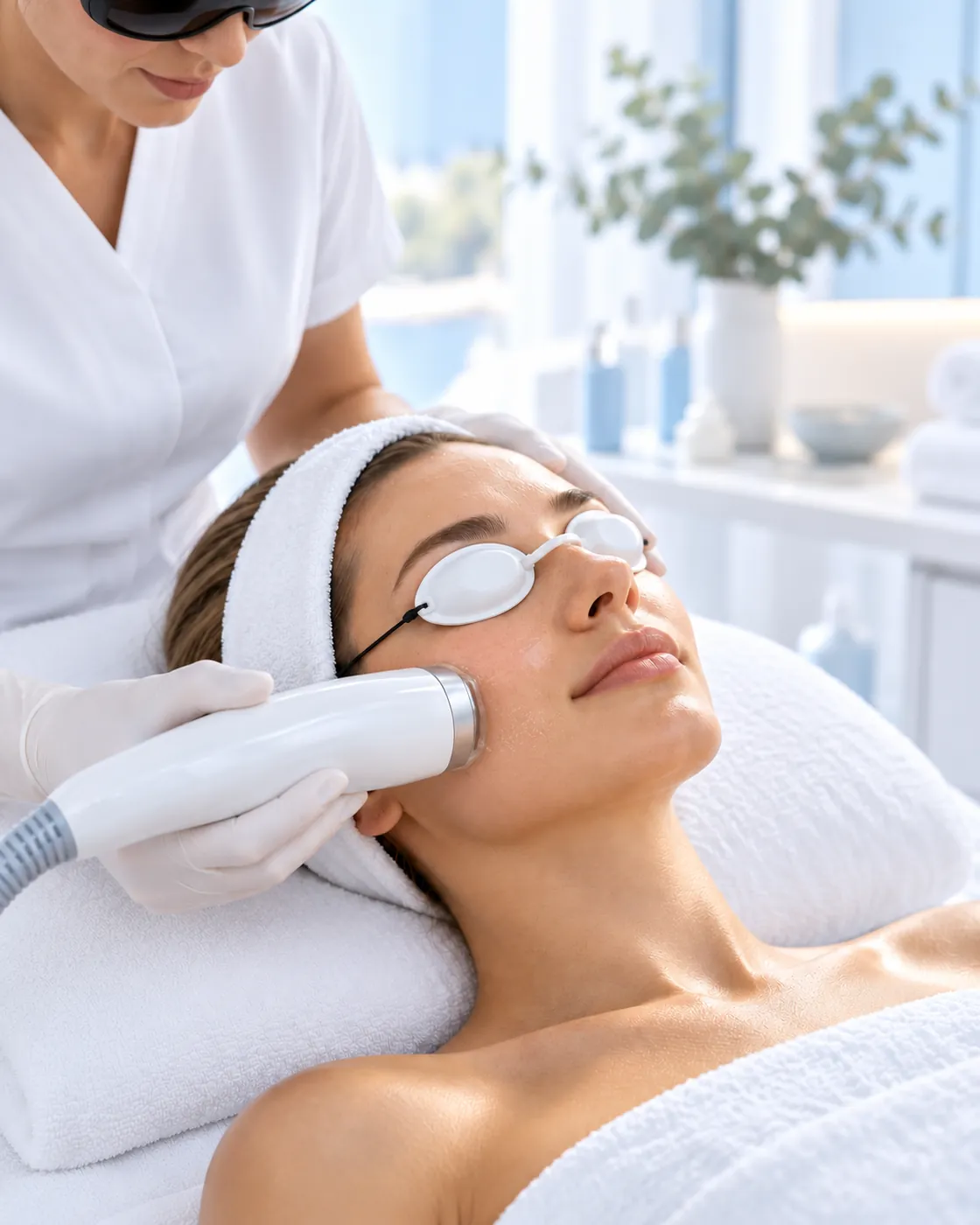 Laser skin rejuvenation treatment on the cheek with protective eye shields