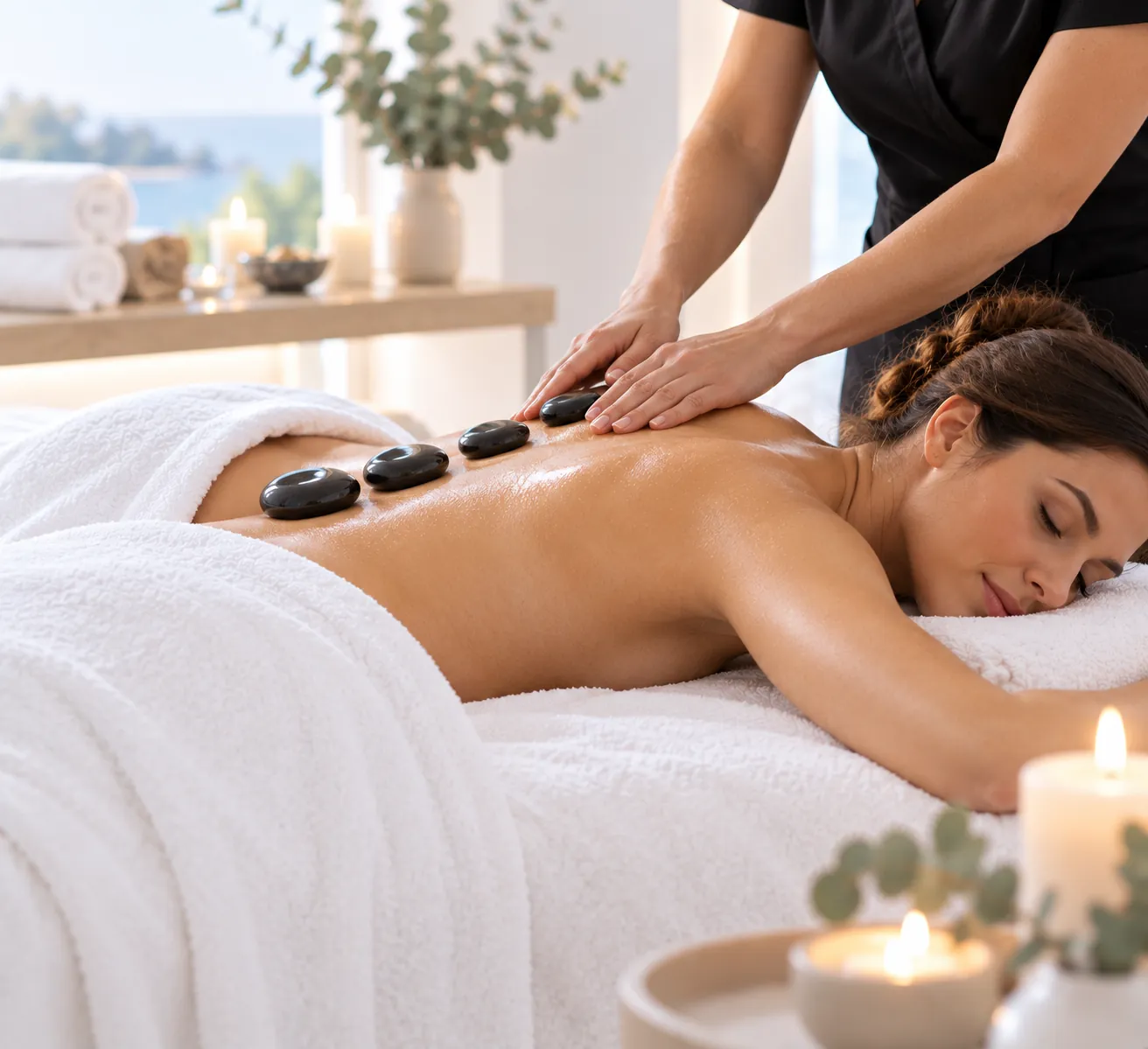 Hot stone massage with warm stones along the back