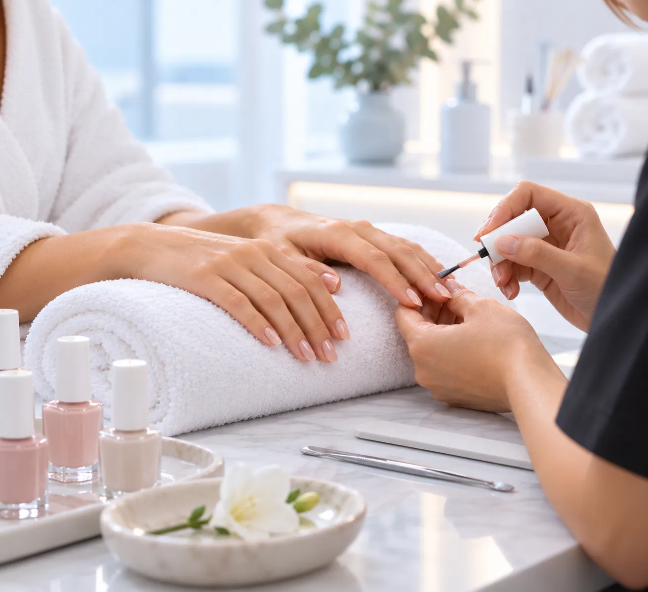 Manicure with a soft neutral polish on a white towel