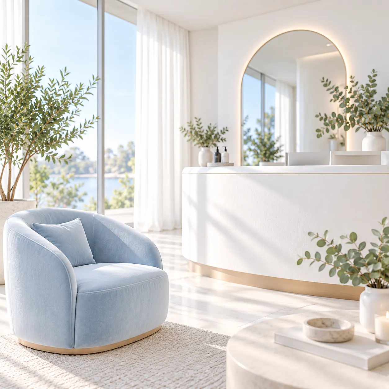 Bright clinic reception with a sky-blue armchair and arched mirror