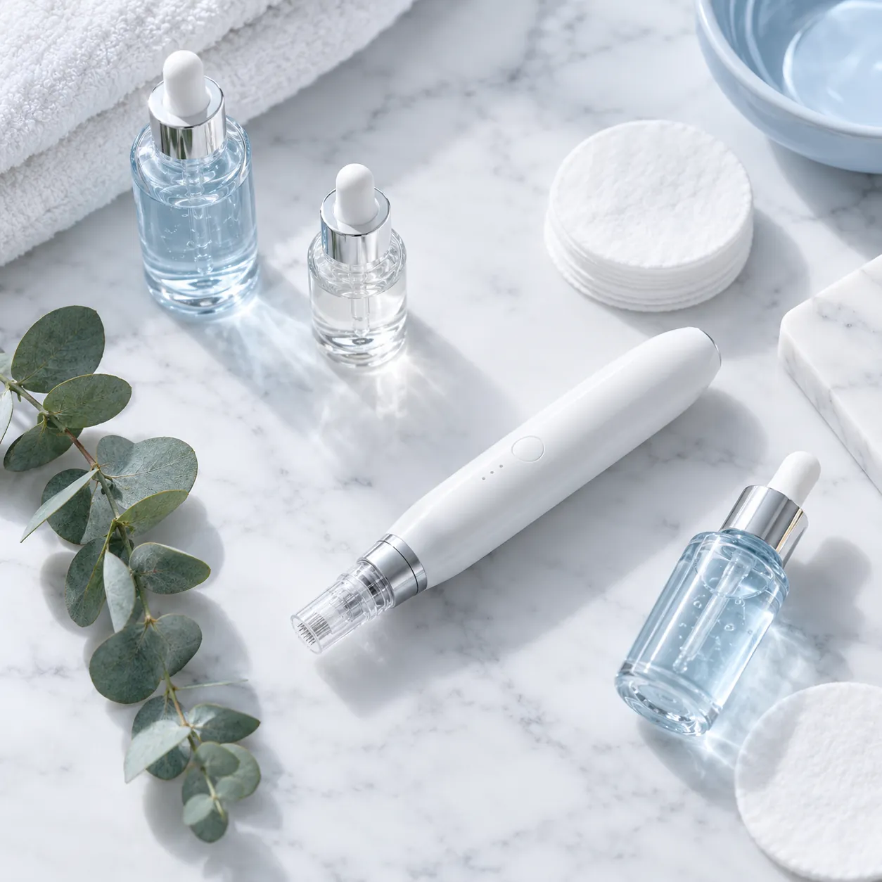Skin needling pen with serums and cotton pads on a marble bench